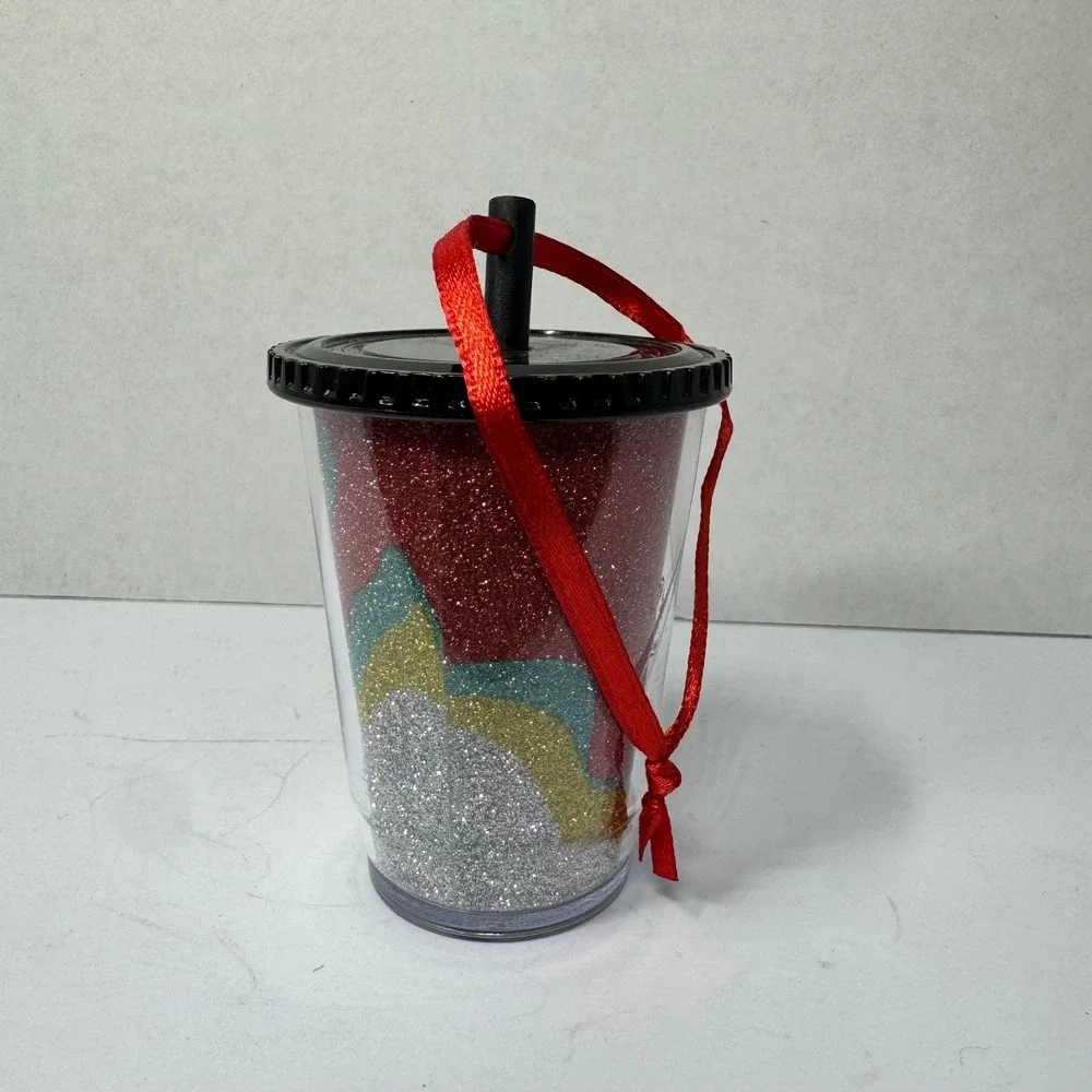 Starbucks 2012 Multi Color Glitter Cold Cup Christmas Ornament Red Ribbon Logo‎